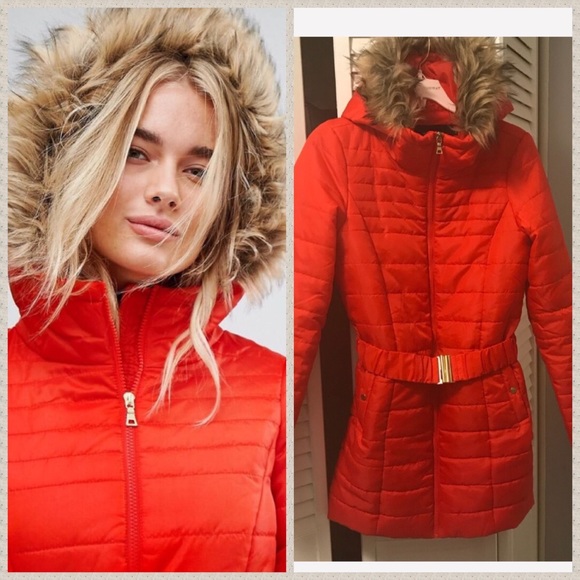 NWT red puffer jacket w/ faux fur hood and belt - Picture 4 of 8